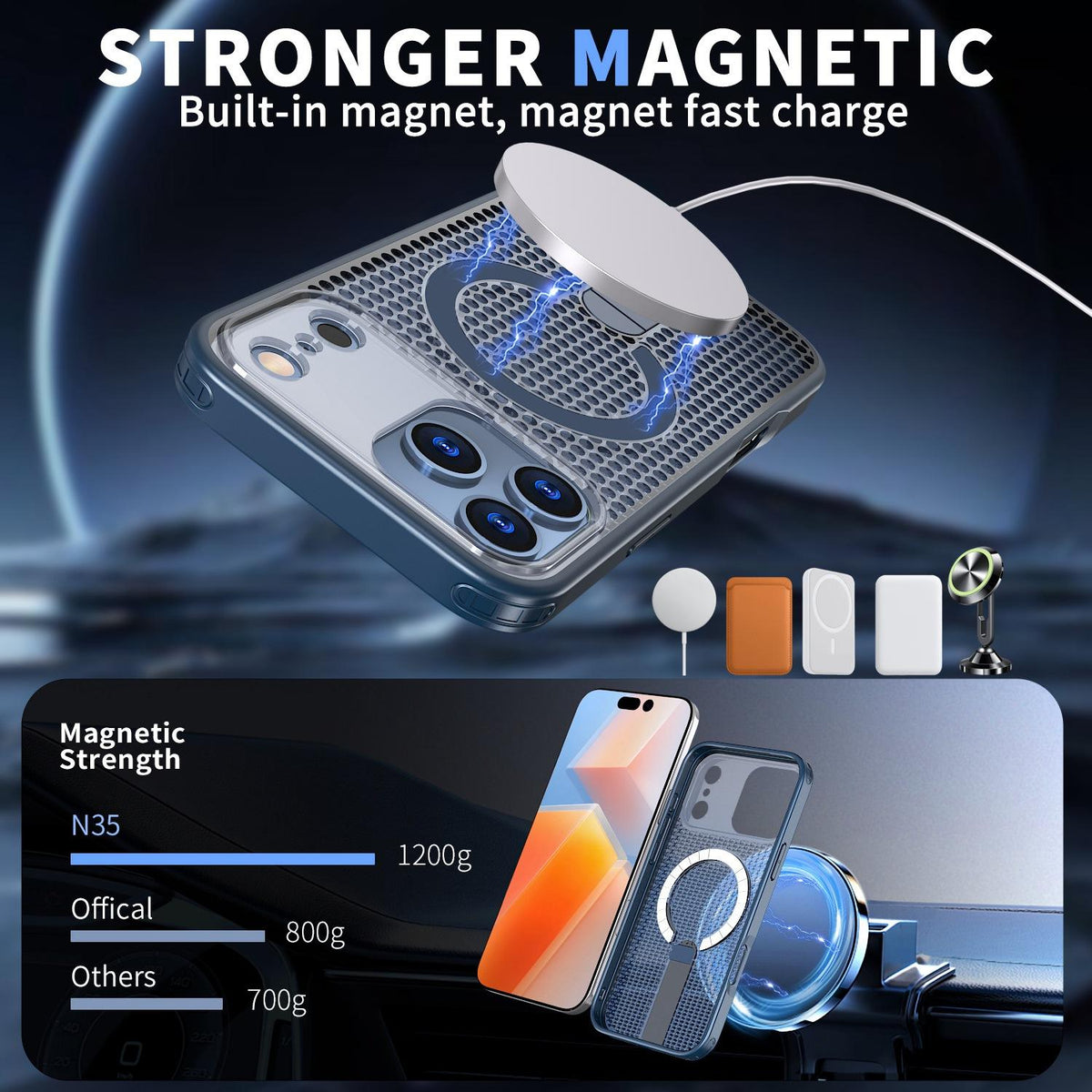Compatible with iPhone 18 Pro Max kalebol Honeycomb Cooling MagSafe Holder Phone Case - Blue