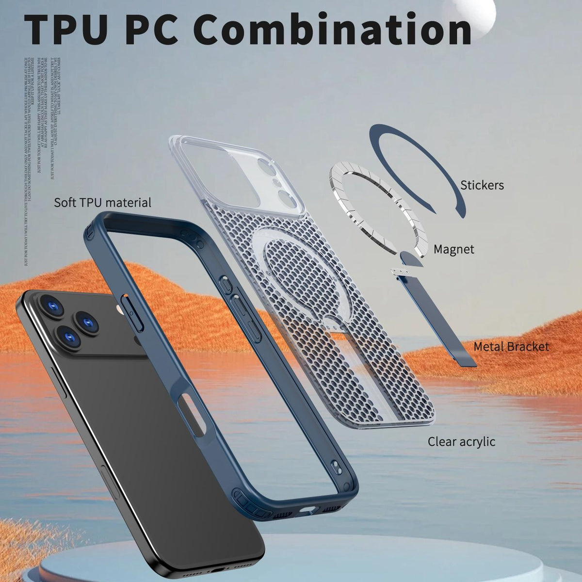 Compatible with iPhone 18 Pro Max kalebol Honeycomb Cooling MagSafe Holder Phone Case - Blue