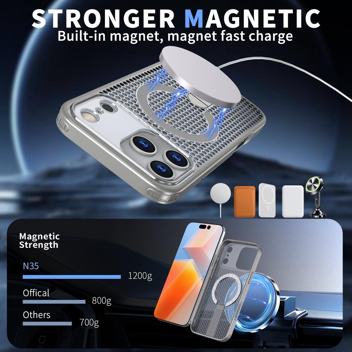 Compatible with iPhone 18 Pro Max kalebol Honeycomb Cooling MagSafe Holder Phone Case - Titanium Grey