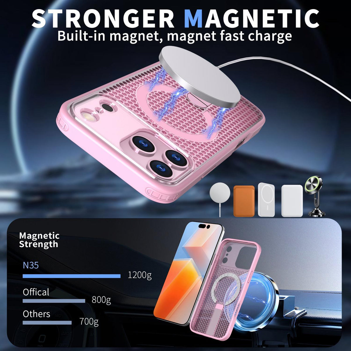 Compatible with iPhone 18 Pro Max kalebol Honeycomb Cooling MagSafe Holder Phone Case - Pink