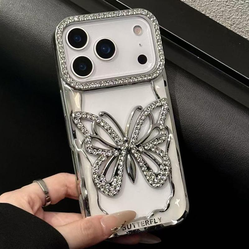 Compatible with iPhone 18 Pro Max Hollow Butterfly Electroplating TPU Phone Case - Silver