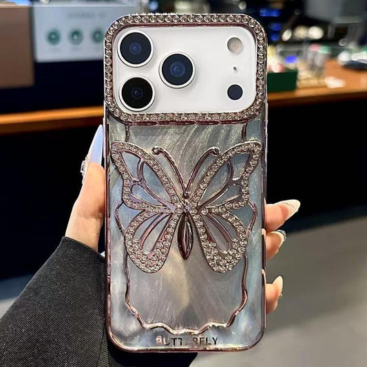 Compatible with iPhone 18 Pro Max Butterfly Electroplating TPU Phone Case with Epoxy Cardboard - Rose Gold
