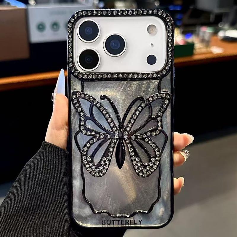 Compatible with iPhone 18 Pro Max Butterfly Electroplating TPU Phone Case with Epoxy Cardboard - Black
