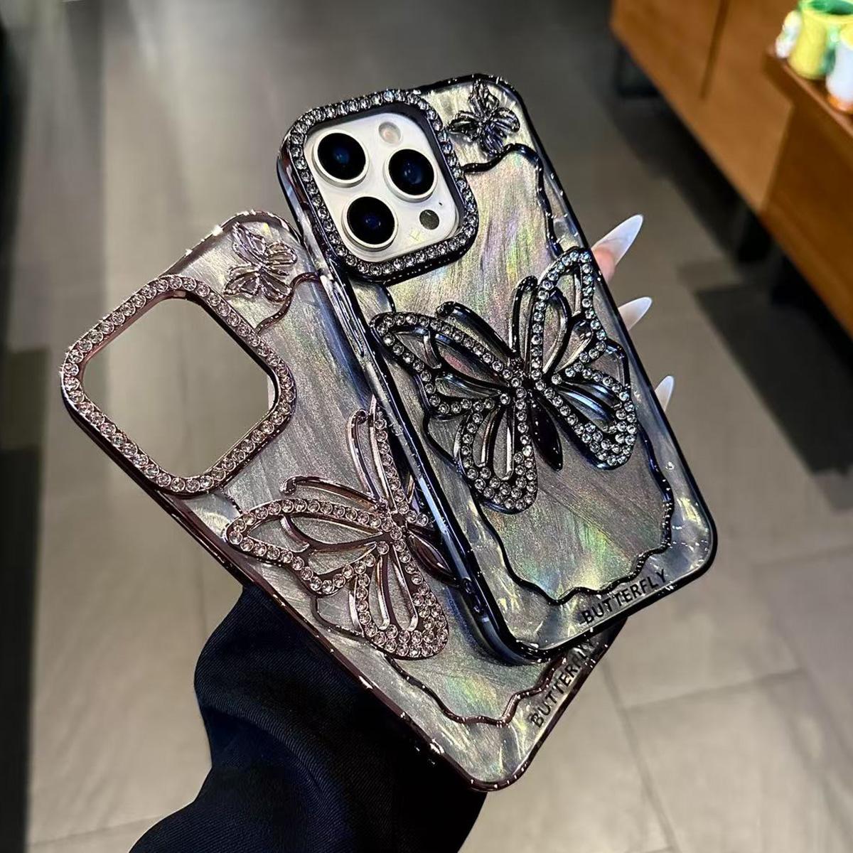Compatible with iPhone 18 Pro Max Butterfly Electroplating TPU Phone Case with Epoxy Cardboard - Dark Purple