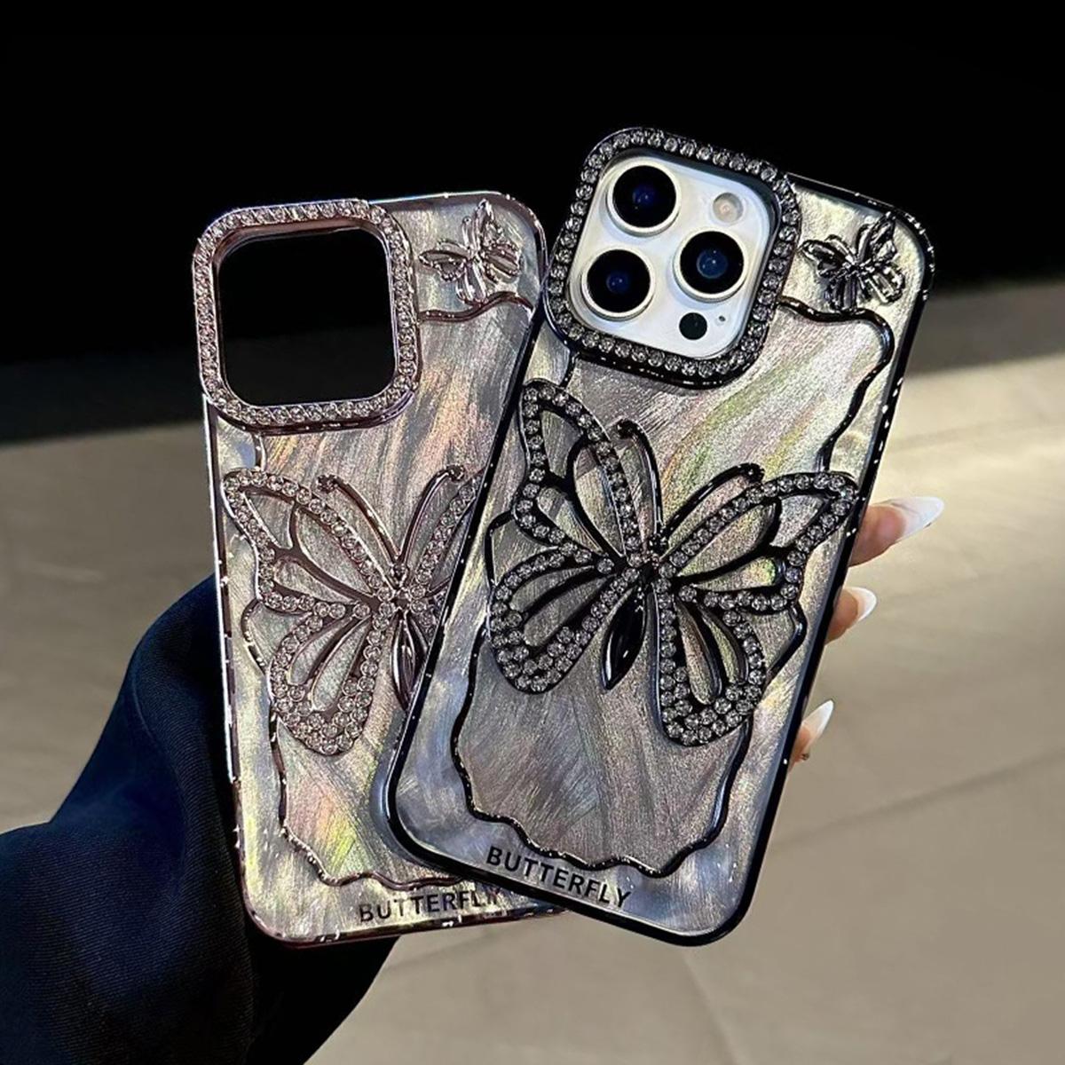 Compatible with iPhone 18 Pro Max Butterfly Electroplating TPU Phone Case with Epoxy Cardboard - Silver