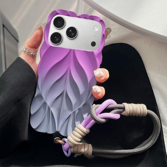 Compatible with iPhone 18 Pro Max Thickened 3D Leaf Pattern Two-Color Oil-Sprayed TPU Phone Case with Strap - Purple Grey