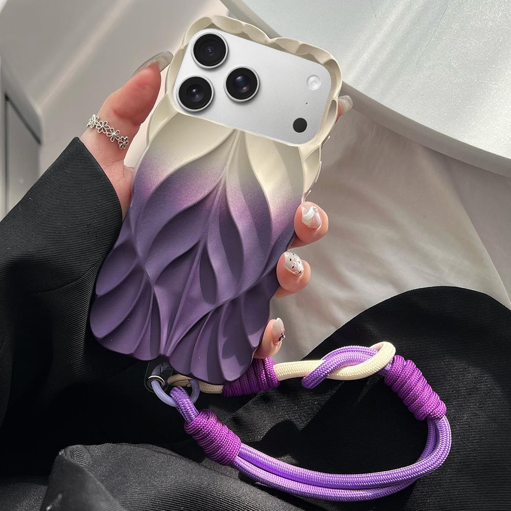 Compatible with iPhone 18 Pro Max Thickened 3D Leaf Pattern Two-Color Oil-Sprayed TPU Phone Case with Strap - Purple Gold