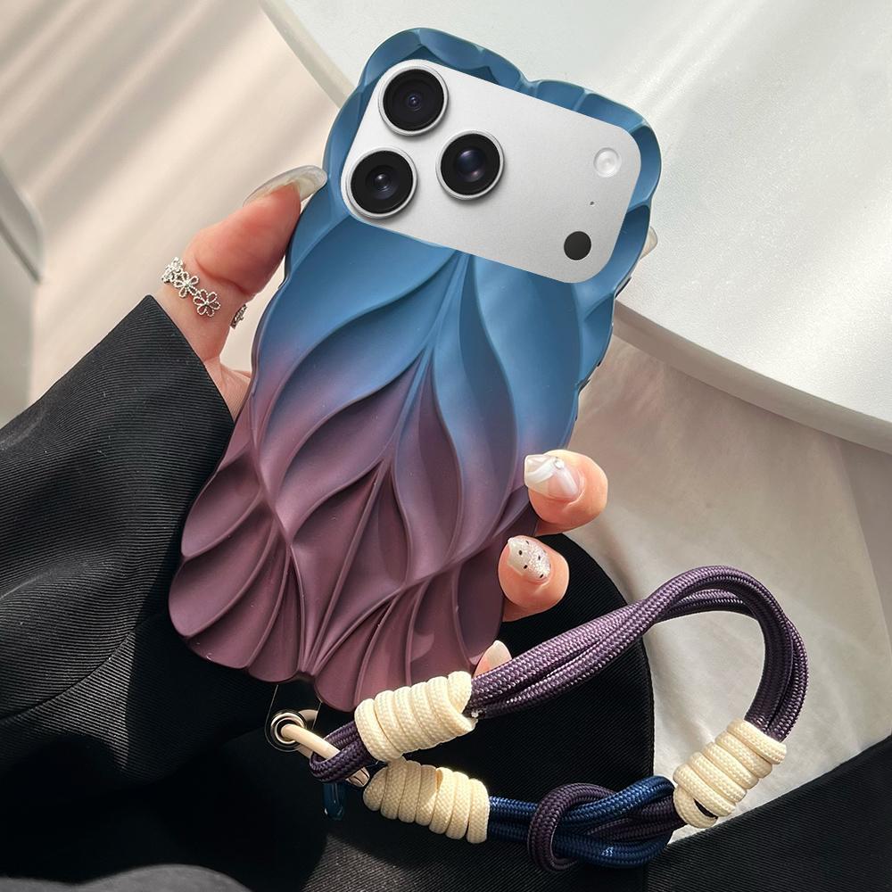 Compatible with iPhone 18 Pro Max Thickened 3D Leaf Pattern Two-Color Oil-Sprayed TPU Phone Case with Strap - Blue Wine Red