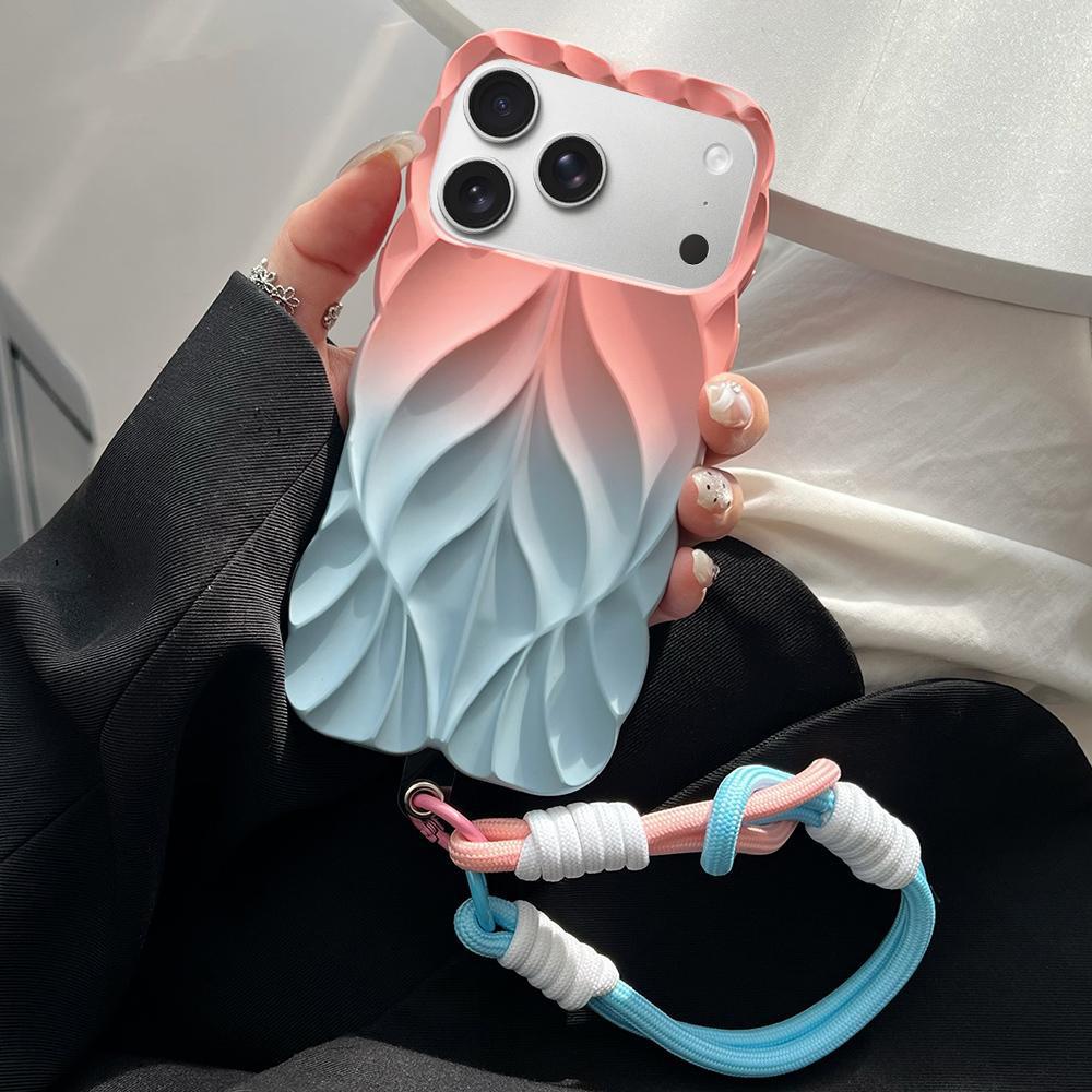 Compatible with iPhone 18 Pro Max Thickened 3D Leaf Pattern Two-Color Oil-Sprayed TPU Phone Case with Strap - Pink Blue