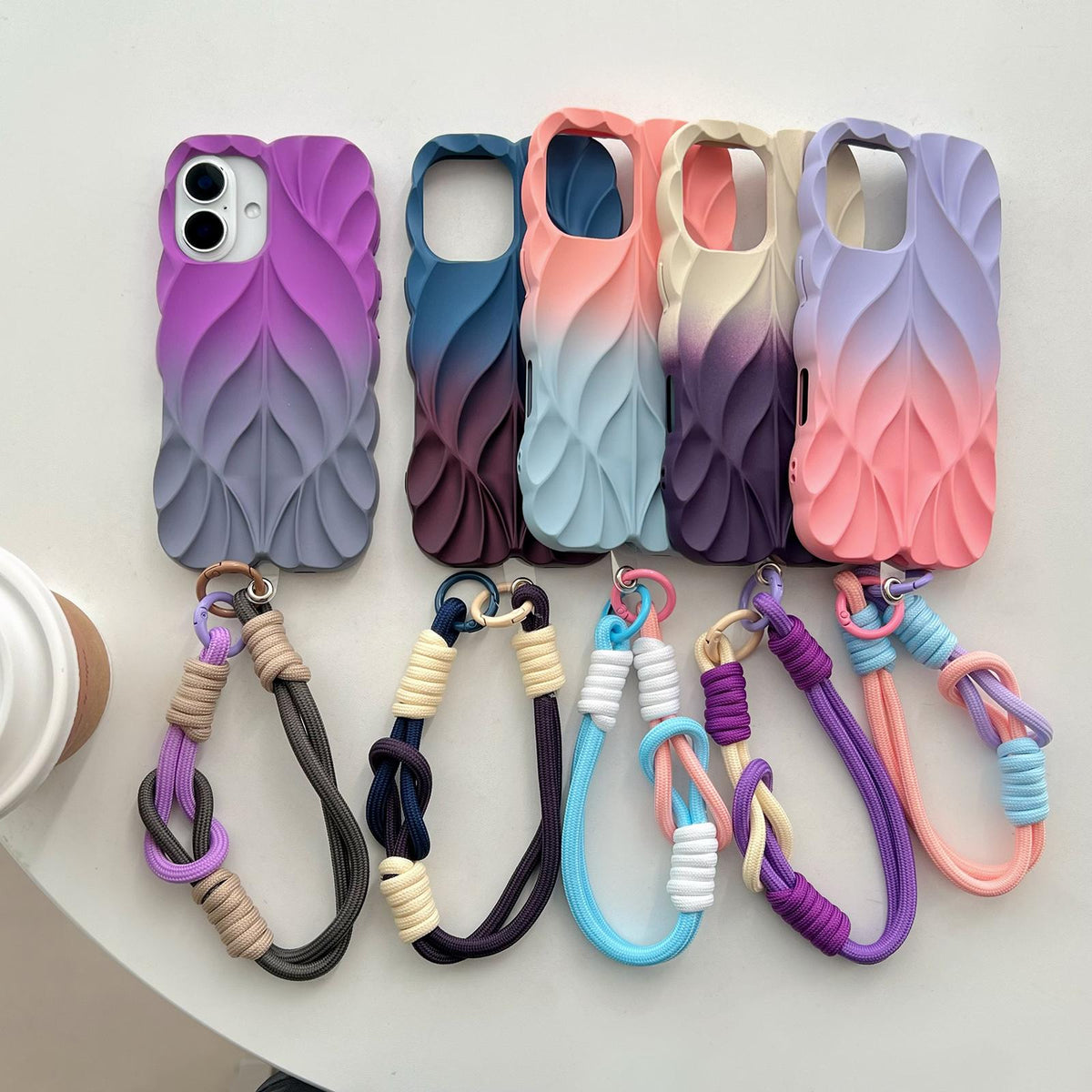 Compatible with iPhone 18 Pro Max Thickened 3D Leaf Pattern Two-Color Oil-Sprayed TPU Phone Case with Strap - Purple Gold