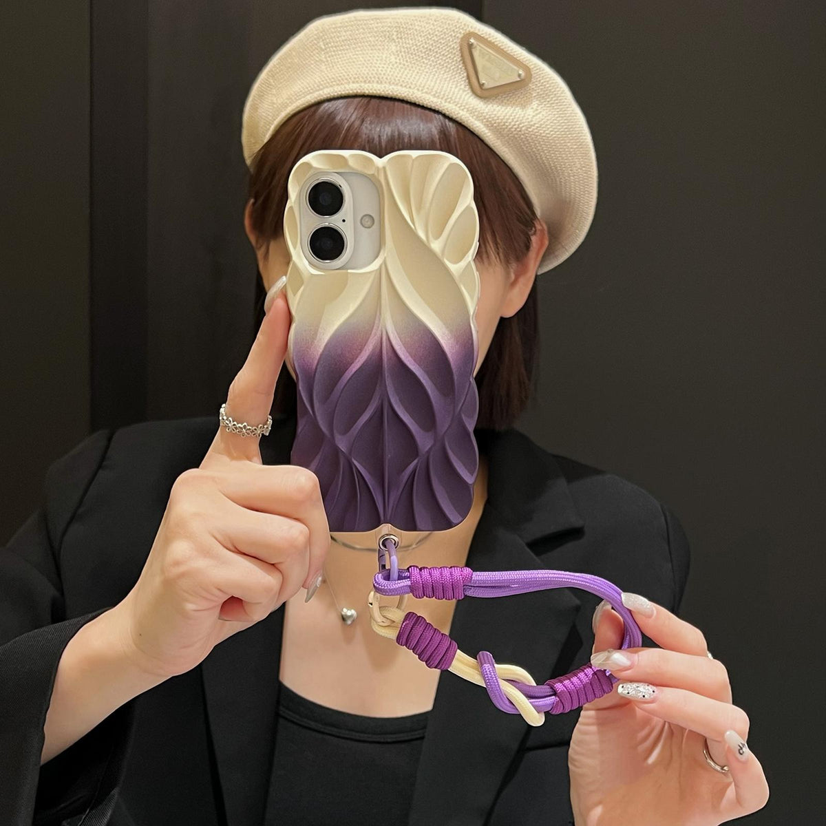 Compatible with iPhone 18 Pro Max Thickened 3D Leaf Pattern Two-Color Oil-Sprayed TPU Phone Case with Strap - Purple Gold