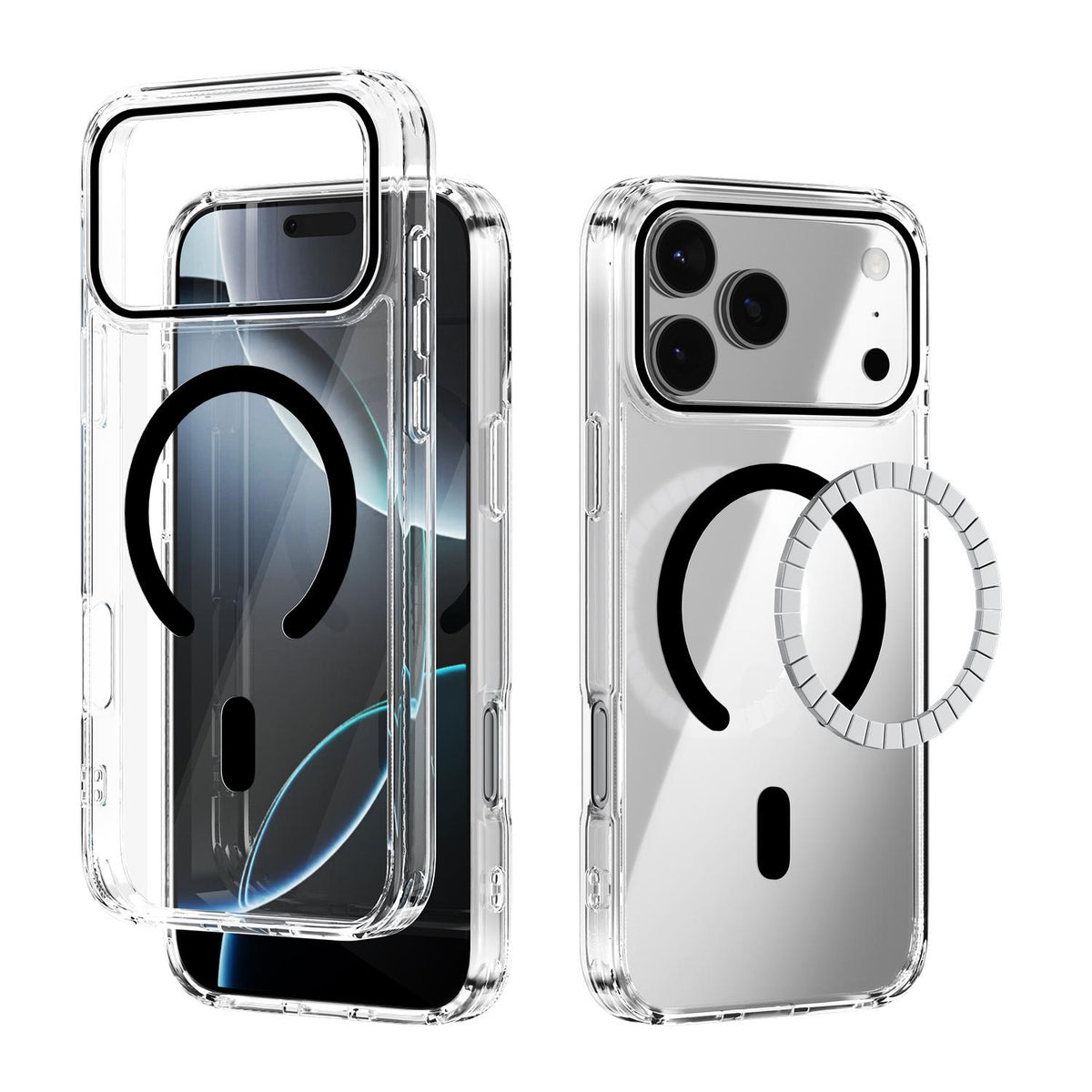 Compatible with iPhone 18 Pro Max & 17 Pro Max ABEEL MagSafe Magnetic Color Ring Anti-scratch Transparent Phone Case - Black