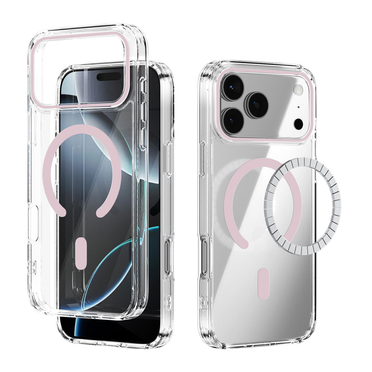Compatible with iPhone 18 Pro Max & 17 Pro Max ABEEL MagSafe Magnetic Color Ring Anti-scratch Transparent Phone Case - Pink