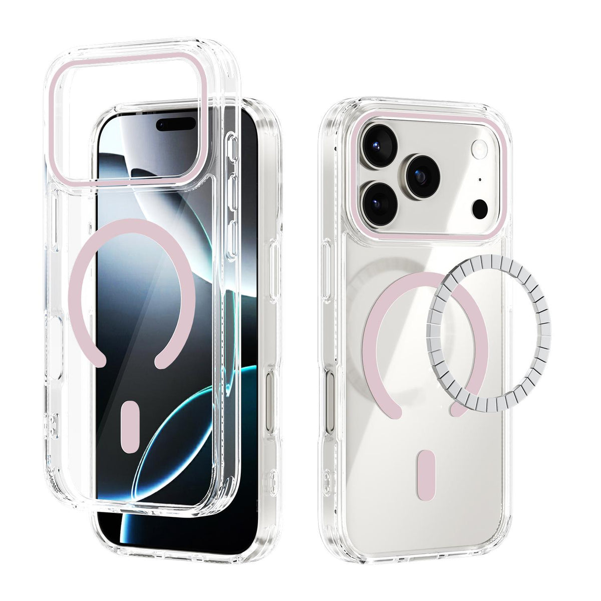 Compatible with iPhone 18 Pro & 17 Pro ABEEL MagSafe Magnetic Color Ring Anti-scratch Transparent Phone Case - Pink