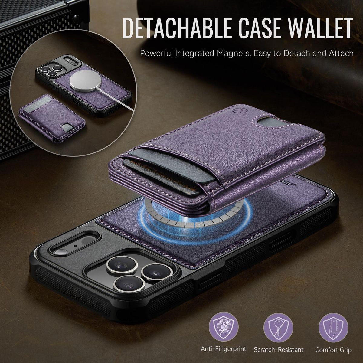 Compatible with iPhone 18 Pro Max JEEHOOD J10 Flip Card Bag MagSafe Split RFID Leather Phone Case - Purple