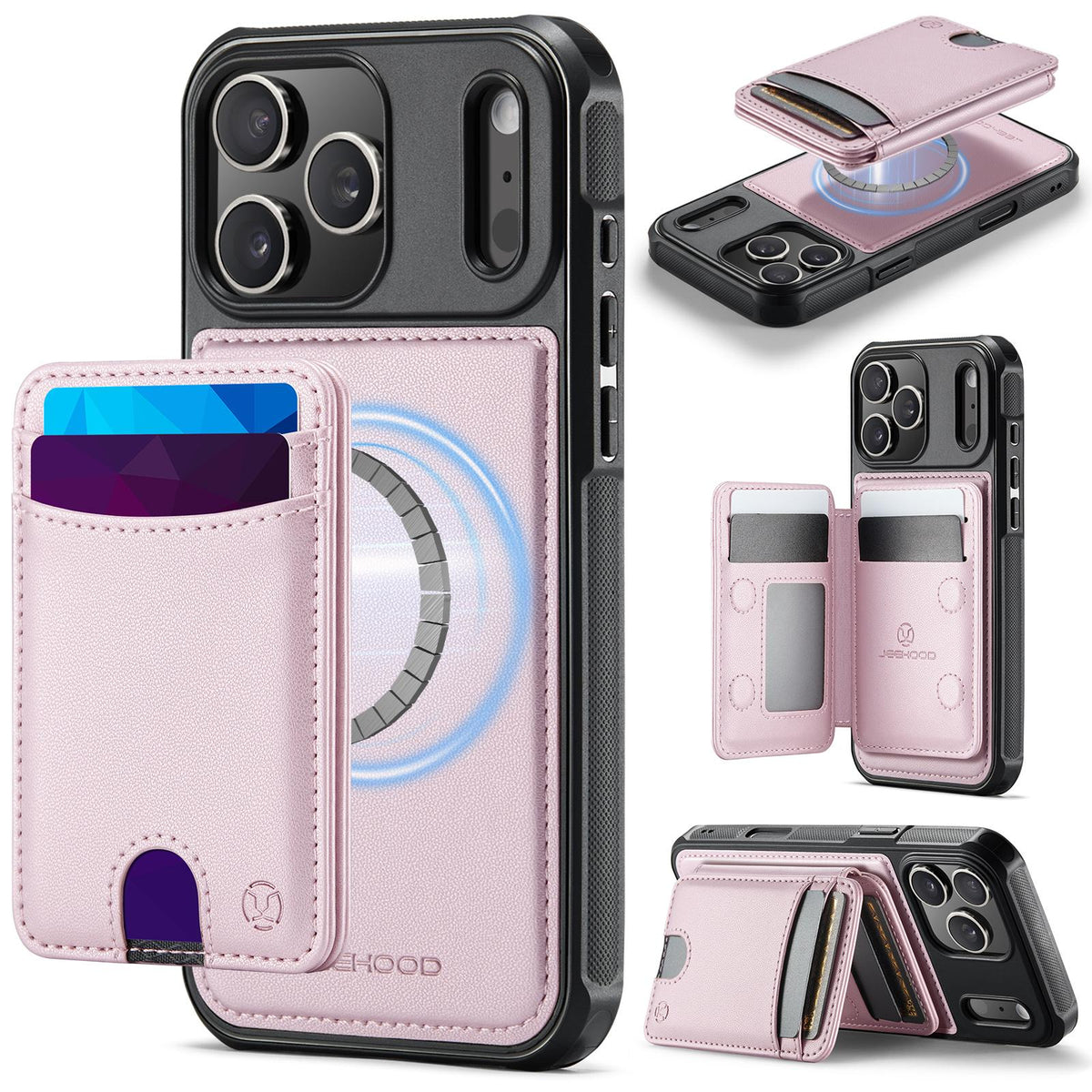 Compatible with iPhone 18 Pro Max JEEHOOD J10 Flip Card Bag MagSafe Split RFID Leather Phone Case - Pink