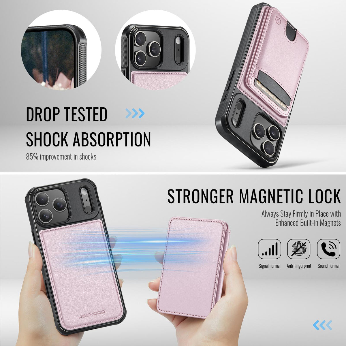 Compatible with iPhone 18 Pro Max JEEHOOD J10 Flip Card Bag MagSafe Split RFID Leather Phone Case - Pink