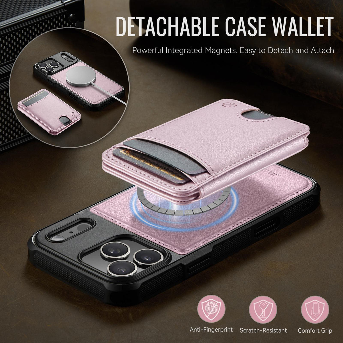 Compatible with iPhone 18 Pro Max JEEHOOD J10 Flip Card Bag MagSafe Split RFID Leather Phone Case - Pink
