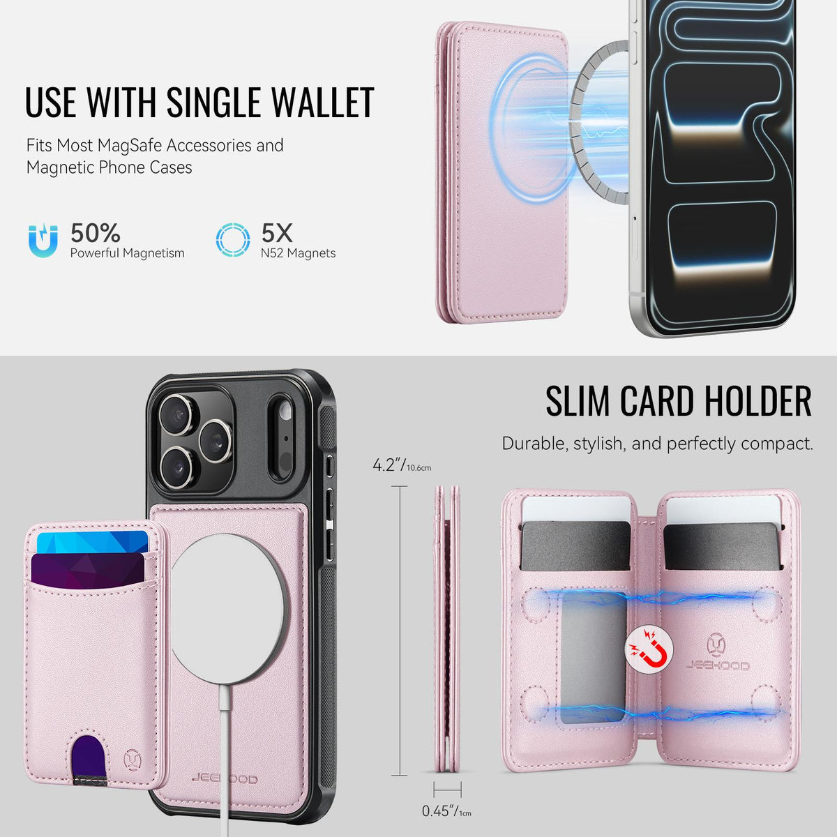 Compatible with iPhone 18 Pro Max JEEHOOD J10 Flip Card Bag MagSafe Split RFID Leather Phone Case - Pink