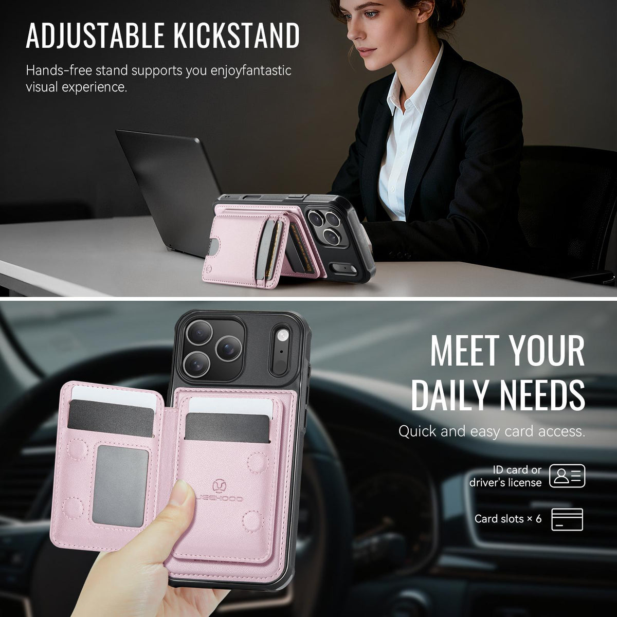 Compatible with iPhone 18 Pro Max JEEHOOD J10 Flip Card Bag MagSafe Split RFID Leather Phone Case - Pink