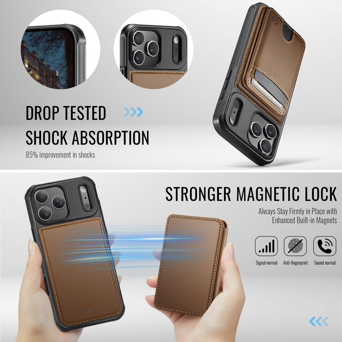 Compatible with iPhone 18 Pro Max JEEHOOD J10 Flip Card Bag MagSafe Split RFID Leather Phone Case - Brown