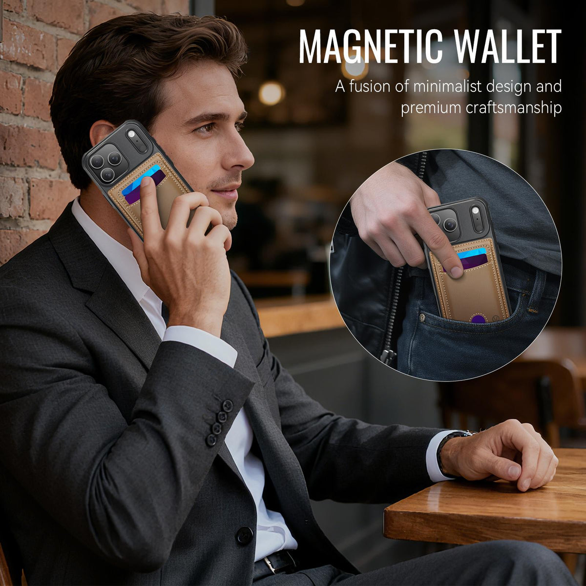 Compatible with iPhone 18 Pro Max JEEHOOD J10 Flip Card Bag MagSafe Split RFID Leather Phone Case - Brown