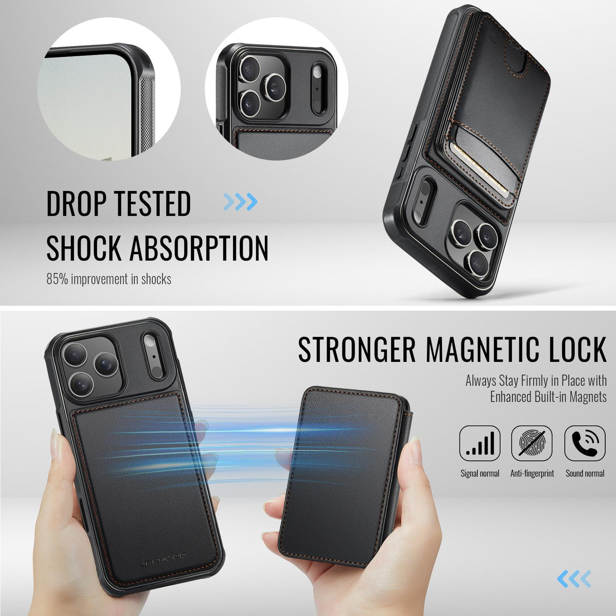Compatible with iPhone 18 Pro Max JEEHOOD J10 Flip Card Bag MagSafe Split RFID Leather Phone Case - Black
