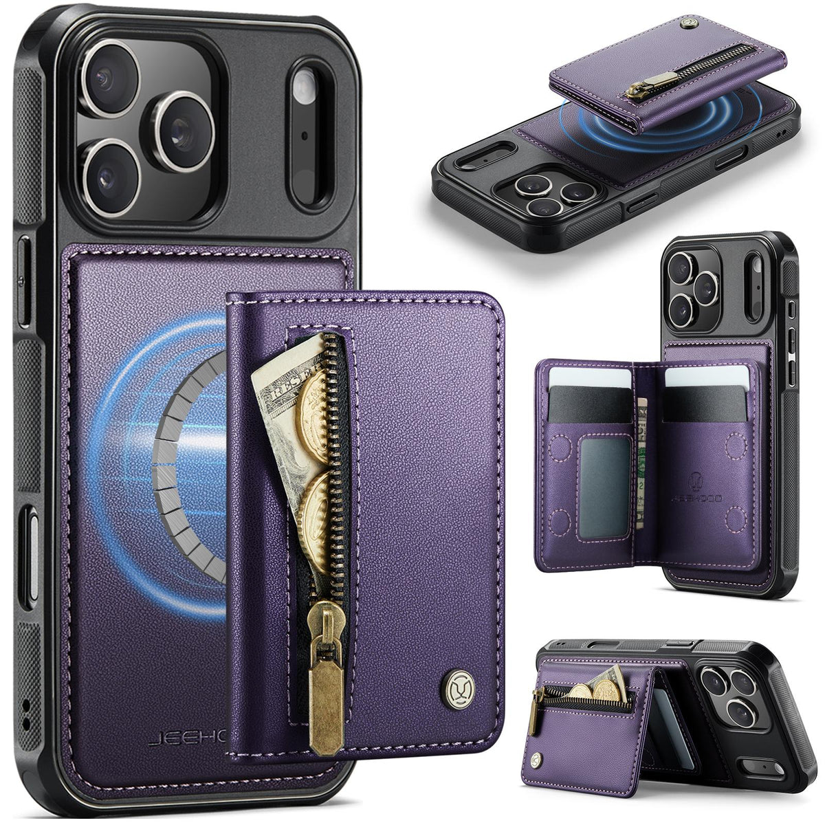 Compatible with iPhone 18 Pro Max JEEHOOD J12 Exquisite RFID MagSafe Zipper Card Bag Phone Case - Purple