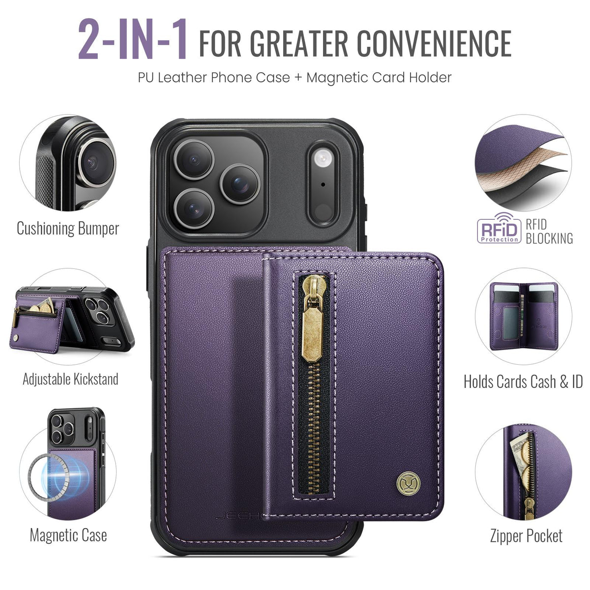 Compatible with iPhone 18 Pro Max JEEHOOD J12 Exquisite RFID MagSafe Zipper Card Bag Phone Case - Purple