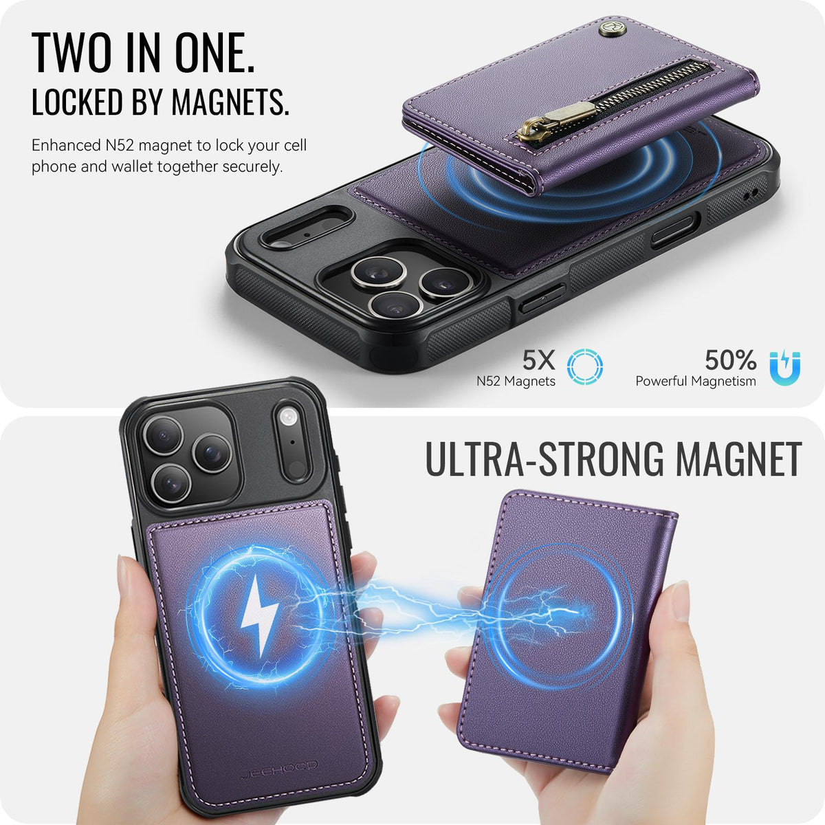 Compatible with iPhone 18 Pro Max JEEHOOD J12 Exquisite RFID MagSafe Zipper Card Bag Phone Case - Purple