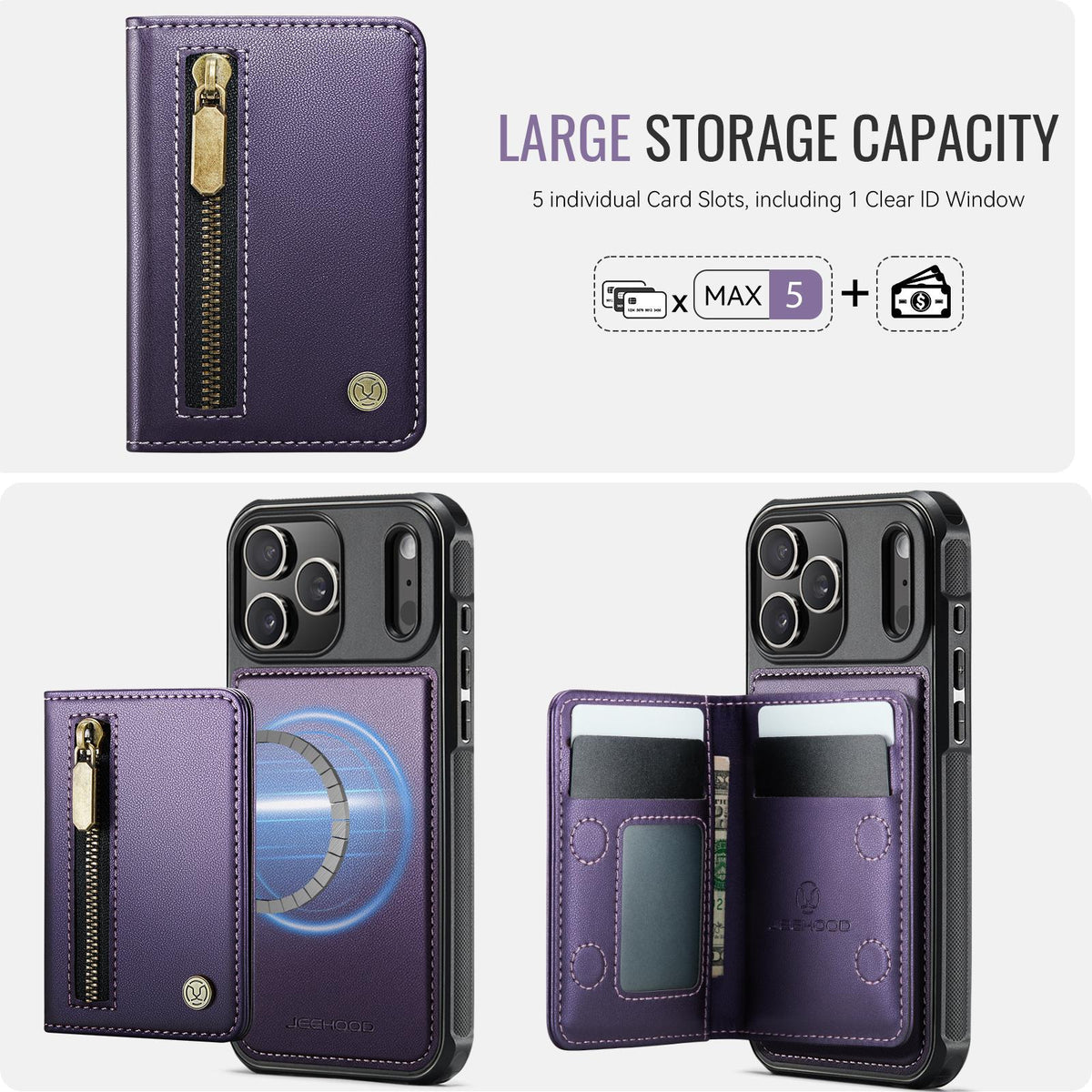 Compatible with iPhone 18 Pro Max JEEHOOD J12 Exquisite RFID MagSafe Zipper Card Bag Phone Case - Purple