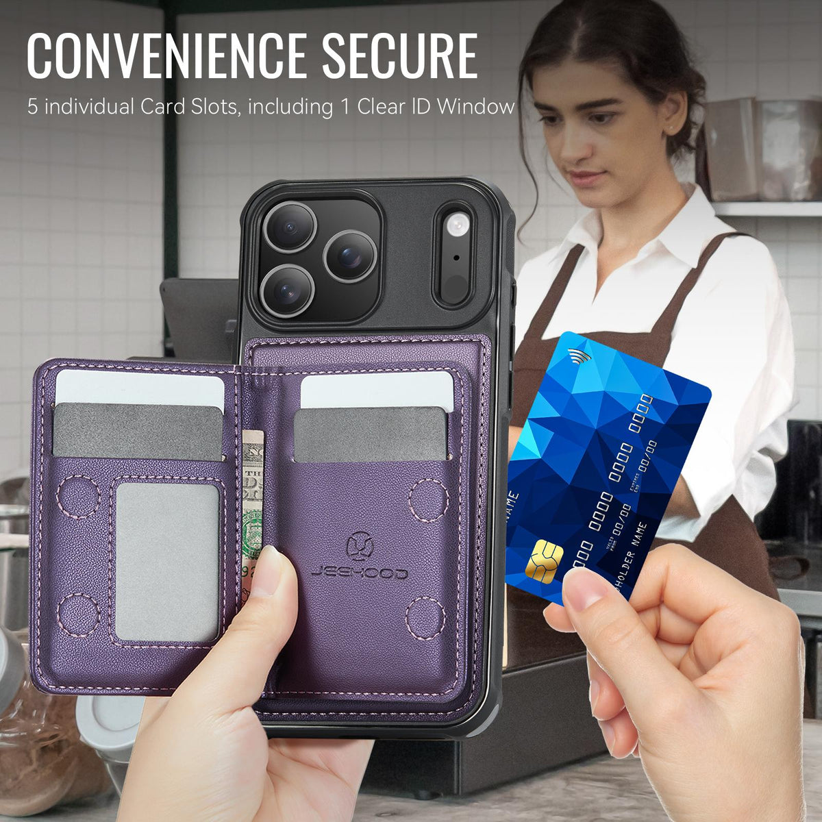 Compatible with iPhone 18 Pro Max JEEHOOD J12 Exquisite RFID MagSafe Zipper Card Bag Phone Case - Purple