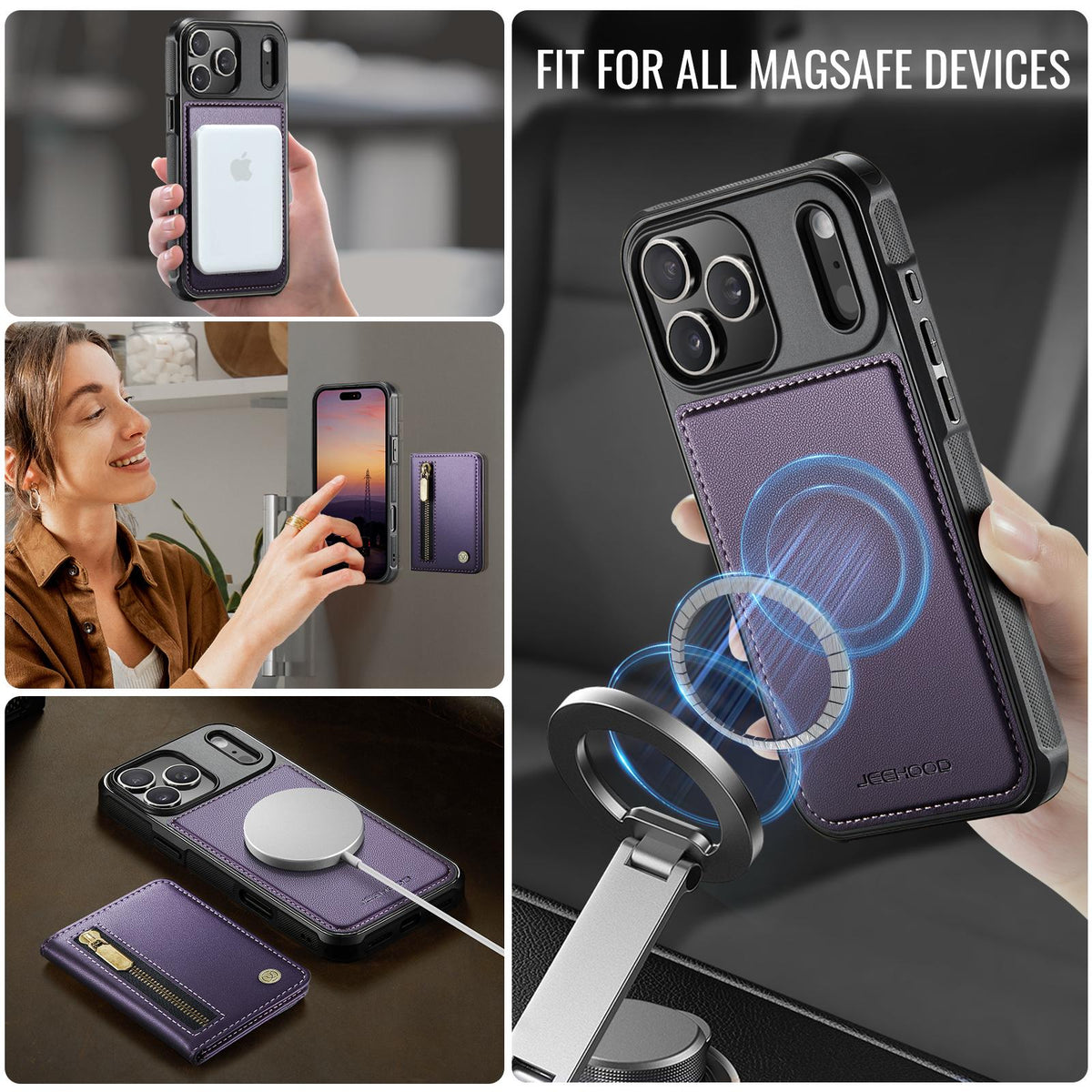 Compatible with iPhone 18 Pro Max JEEHOOD J12 Exquisite RFID MagSafe Zipper Card Bag Phone Case - Purple