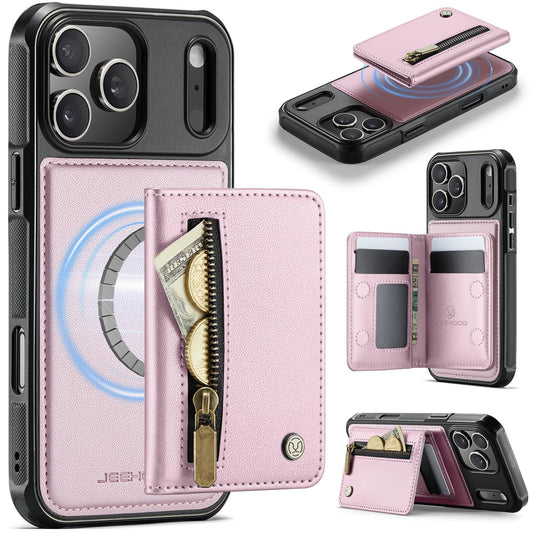 Compatible with iPhone 18 Pro Max JEEHOOD J12 Exquisite RFID MagSafe Zipper Card Bag Phone Case - Pink