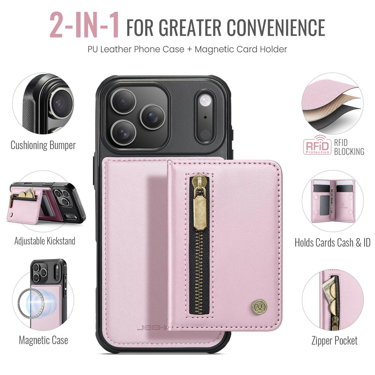 Compatible with iPhone 18 Pro Max JEEHOOD J12 Exquisite RFID MagSafe Zipper Card Bag Phone Case - Pink