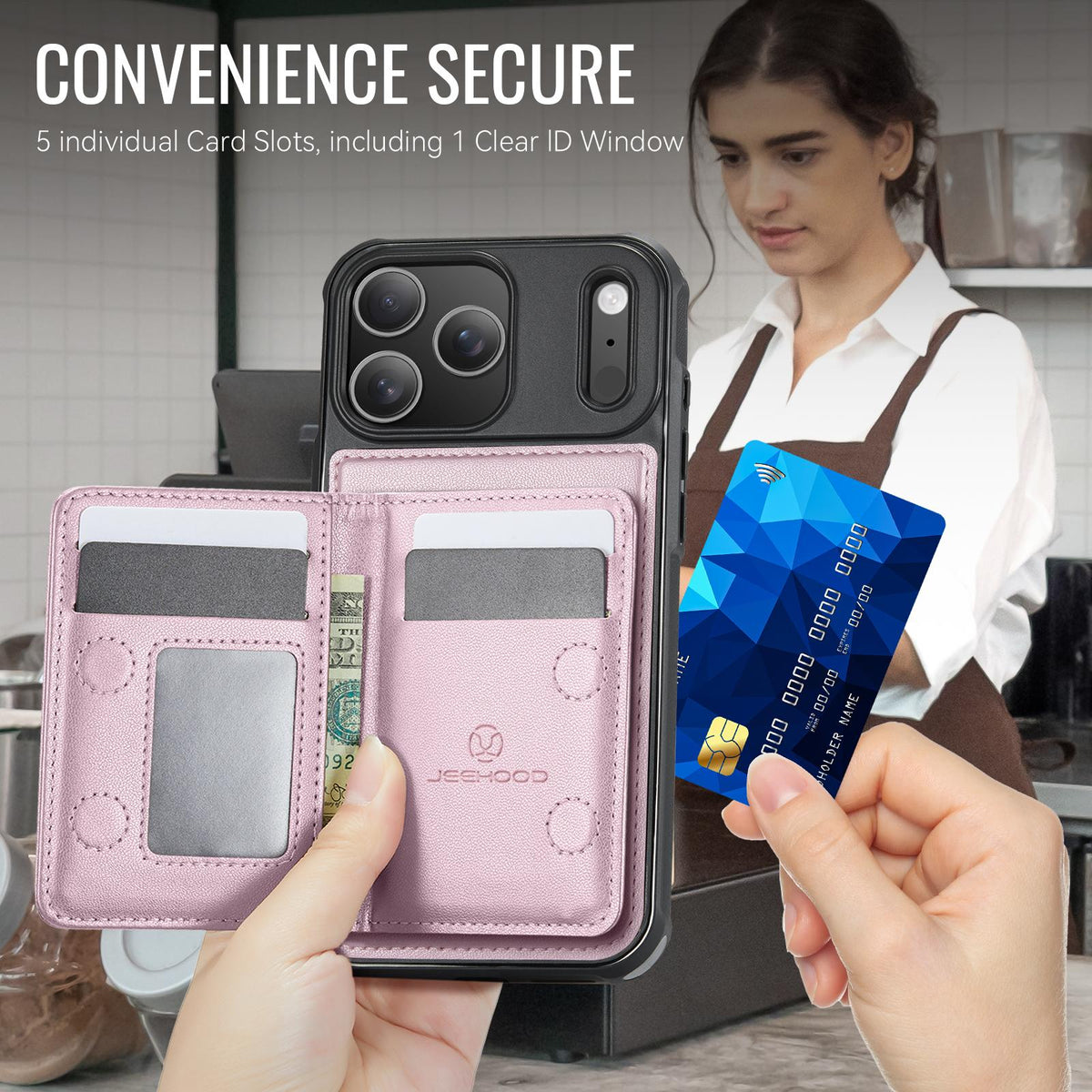 Compatible with iPhone 18 Pro Max JEEHOOD J12 Exquisite RFID MagSafe Zipper Card Bag Phone Case - Pink