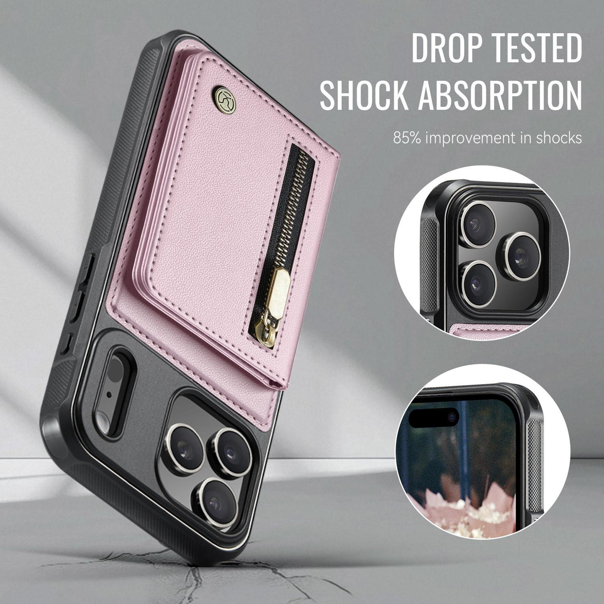 Compatible with iPhone 18 Pro Max JEEHOOD J12 Exquisite RFID MagSafe Zipper Card Bag Phone Case - Pink