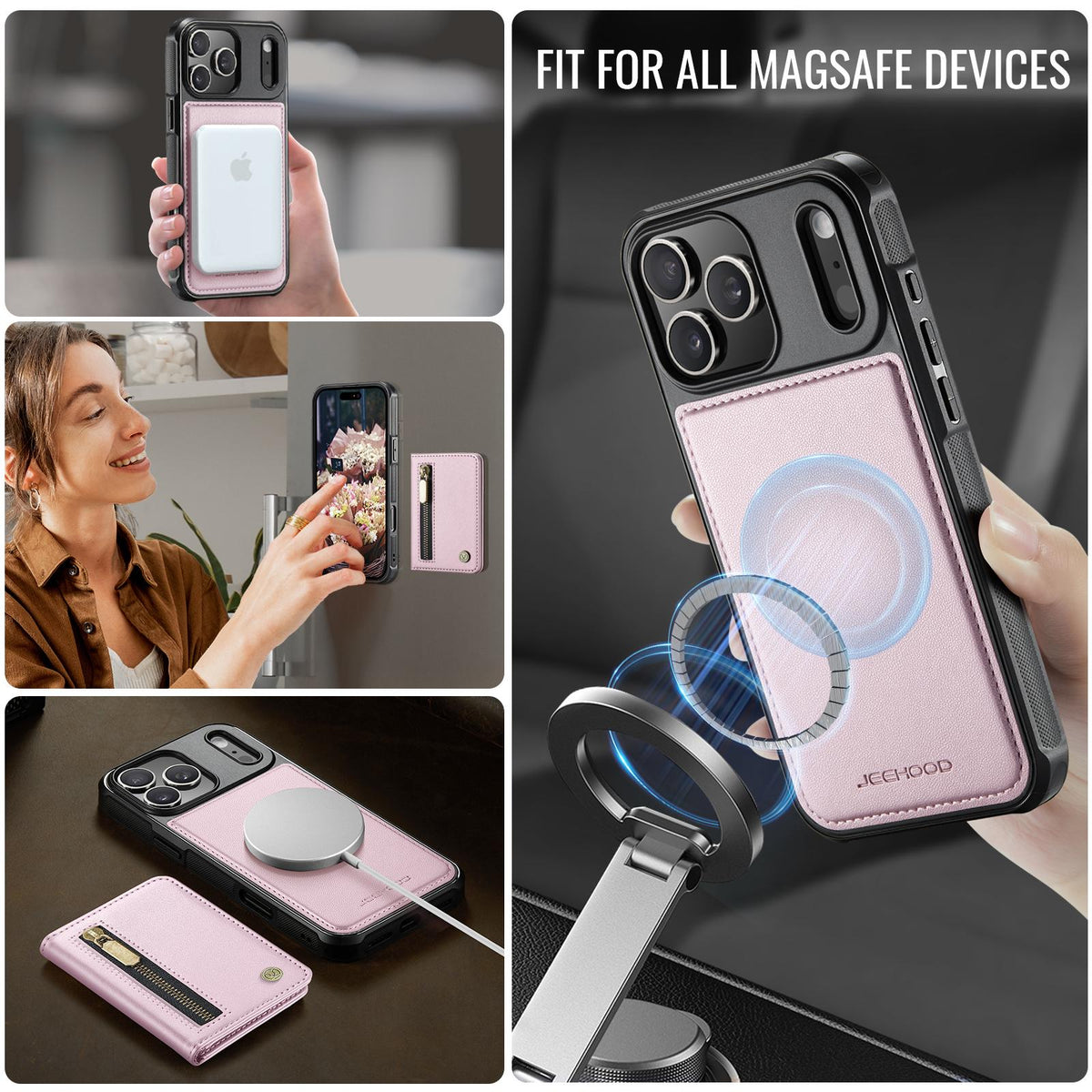 Compatible with iPhone 18 Pro Max JEEHOOD J12 Exquisite RFID MagSafe Zipper Card Bag Phone Case - Pink