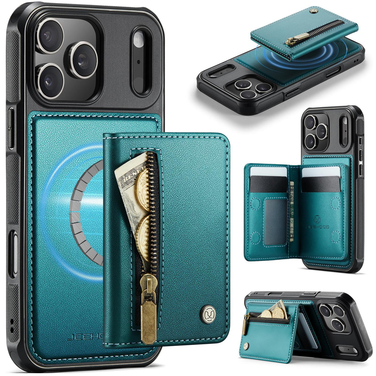 Compatible with iPhone 18 Pro Max JEEHOOD J12 Exquisite RFID MagSafe Zipper Card Bag Phone Case - Green