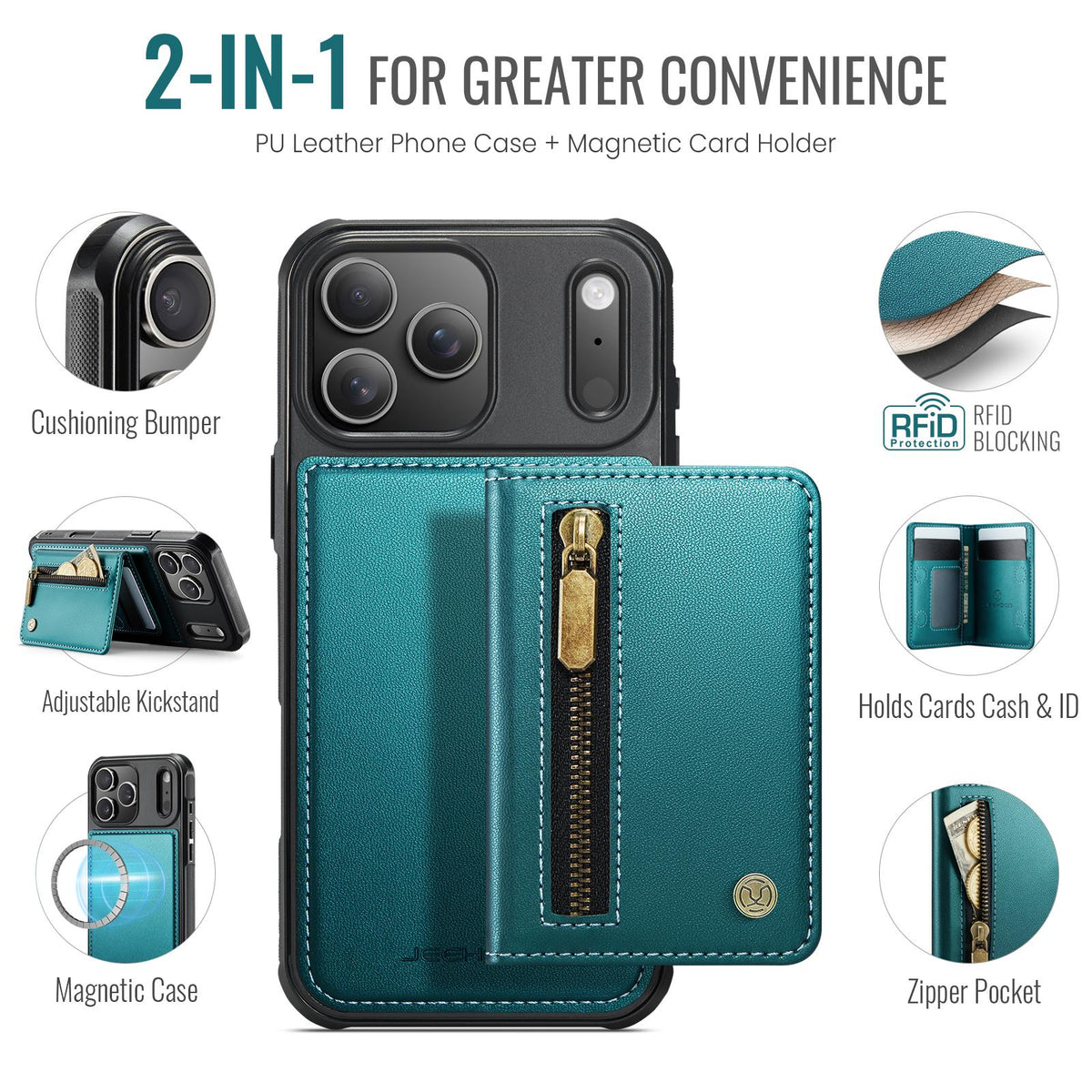 Compatible with iPhone 18 Pro Max JEEHOOD J12 Exquisite RFID MagSafe Zipper Card Bag Phone Case - Green
