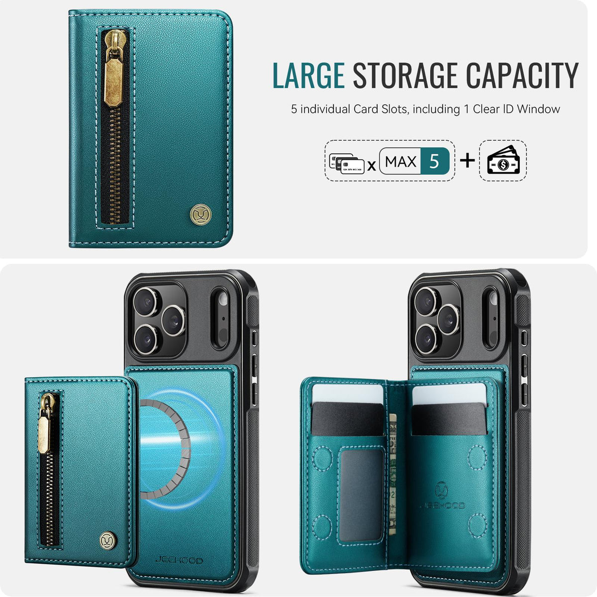 Compatible with iPhone 18 Pro Max JEEHOOD J12 Exquisite RFID MagSafe Zipper Card Bag Phone Case - Green