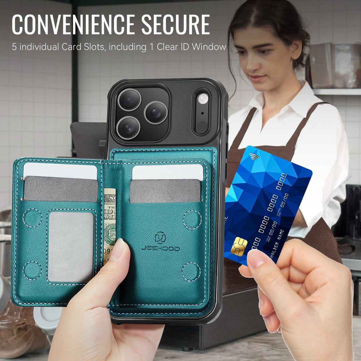 Compatible with iPhone 18 Pro Max JEEHOOD J12 Exquisite RFID MagSafe Zipper Card Bag Phone Case - Green