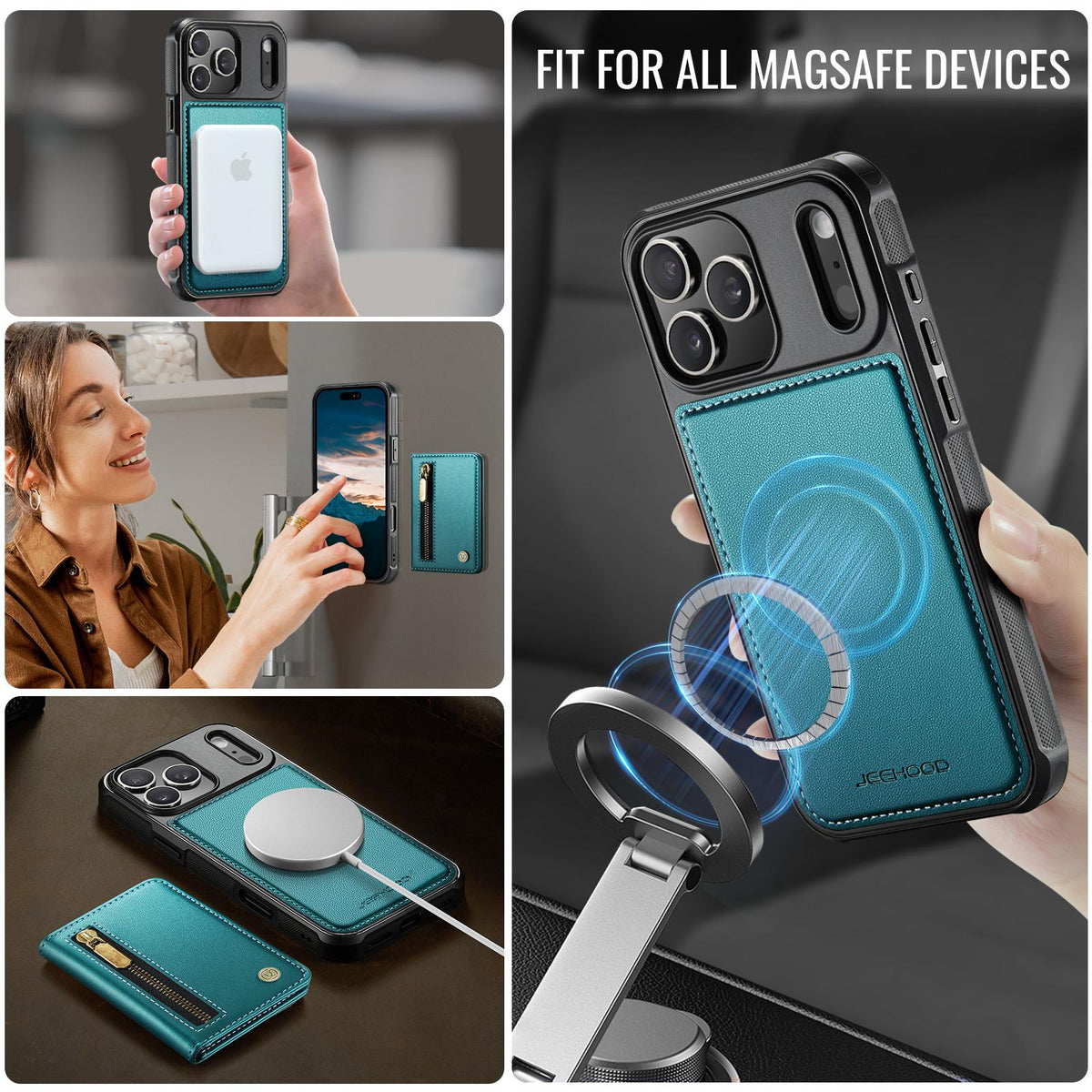 Compatible with iPhone 18 Pro Max JEEHOOD J12 Exquisite RFID MagSafe Zipper Card Bag Phone Case - Green