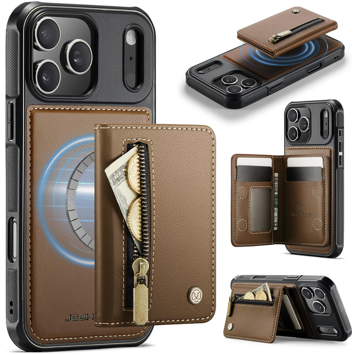 Compatible with iPhone 18 Pro Max JEEHOOD J12 Exquisite RFID MagSafe Zipper Card Bag Phone Case - Brown