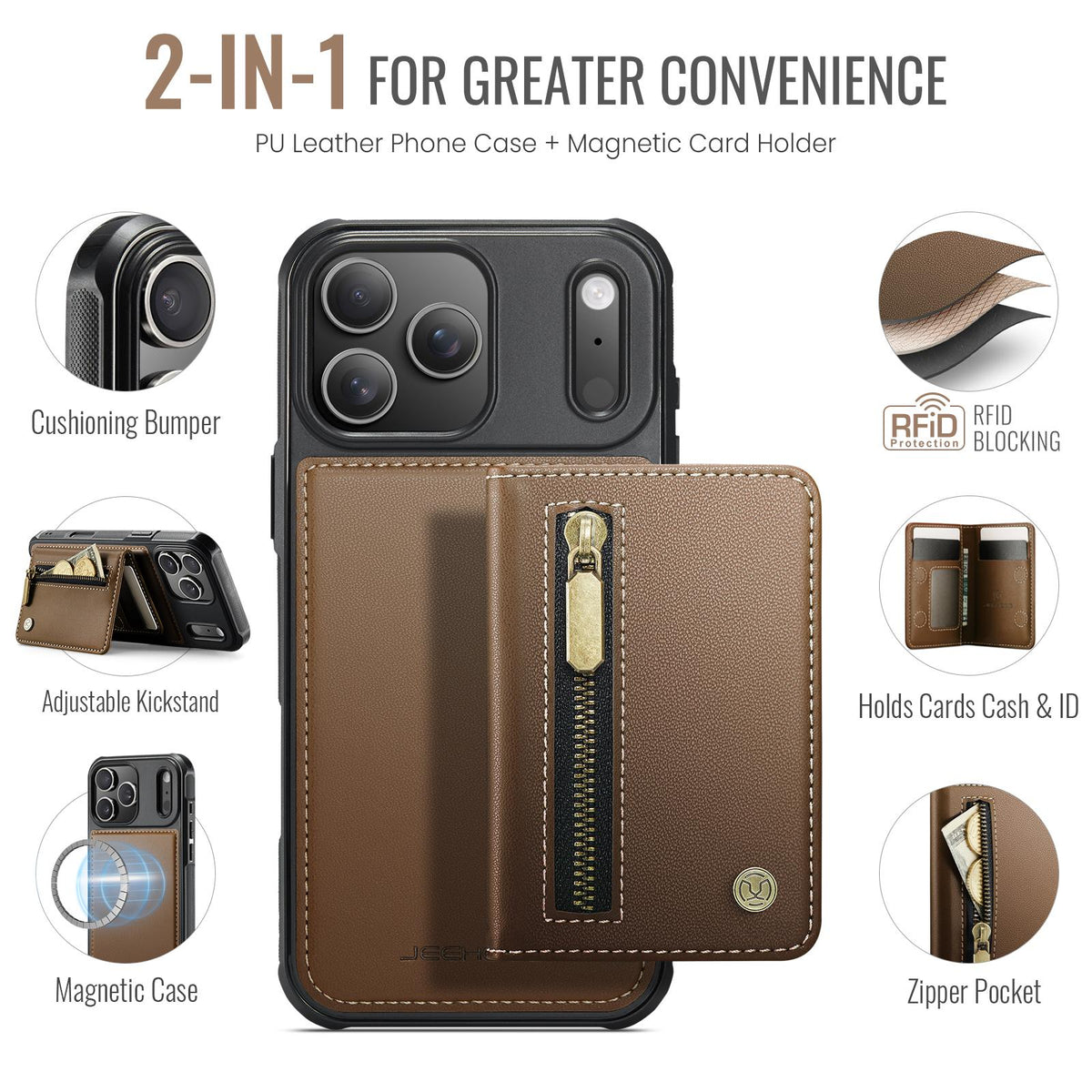 Compatible with iPhone 18 Pro Max JEEHOOD J12 Exquisite RFID MagSafe Zipper Card Bag Phone Case - Brown