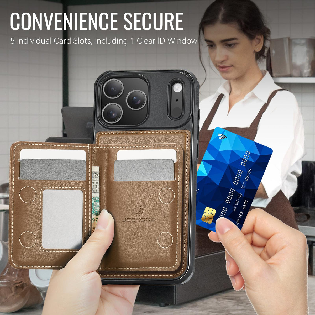 Compatible with iPhone 18 Pro Max JEEHOOD J12 Exquisite RFID MagSafe Zipper Card Bag Phone Case - Brown