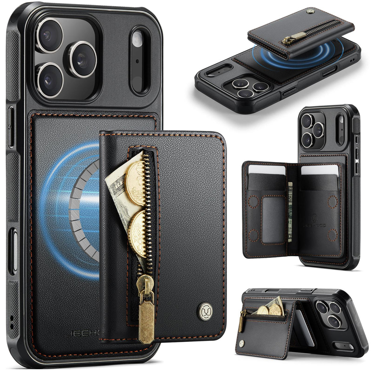 Compatible with iPhone 18 Pro Max JEEHOOD J12 Exquisite RFID MagSafe Zipper Card Bag Phone Case - Black