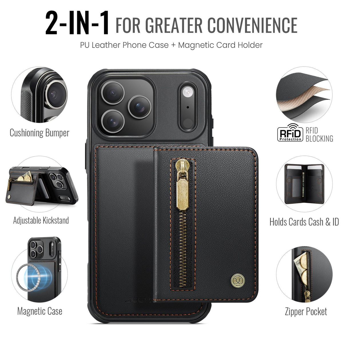 Compatible with iPhone 18 Pro Max JEEHOOD J12 Exquisite RFID MagSafe Zipper Card Bag Phone Case - Black