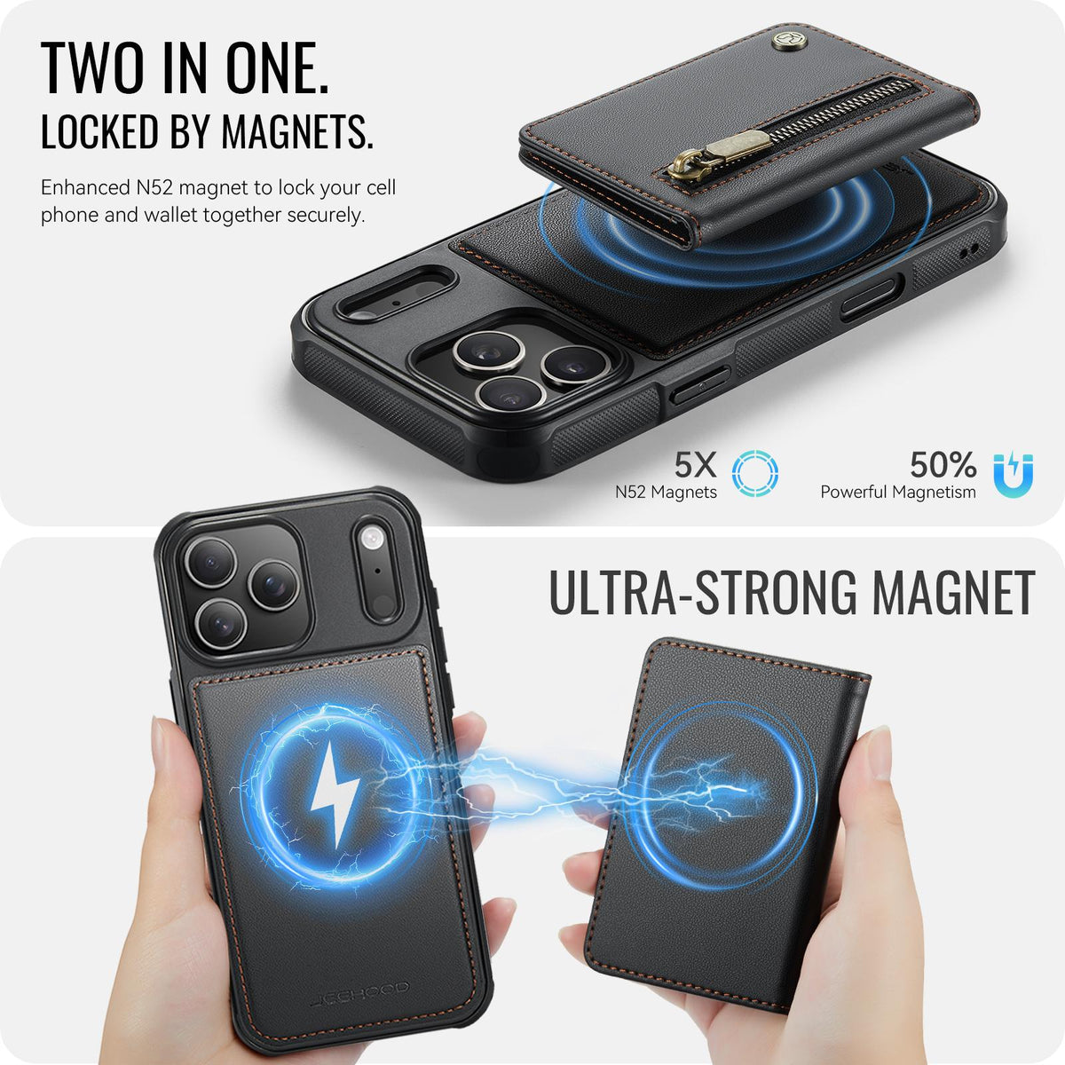 Compatible with iPhone 18 Pro Max JEEHOOD J12 Exquisite RFID MagSafe Zipper Card Bag Phone Case - Black