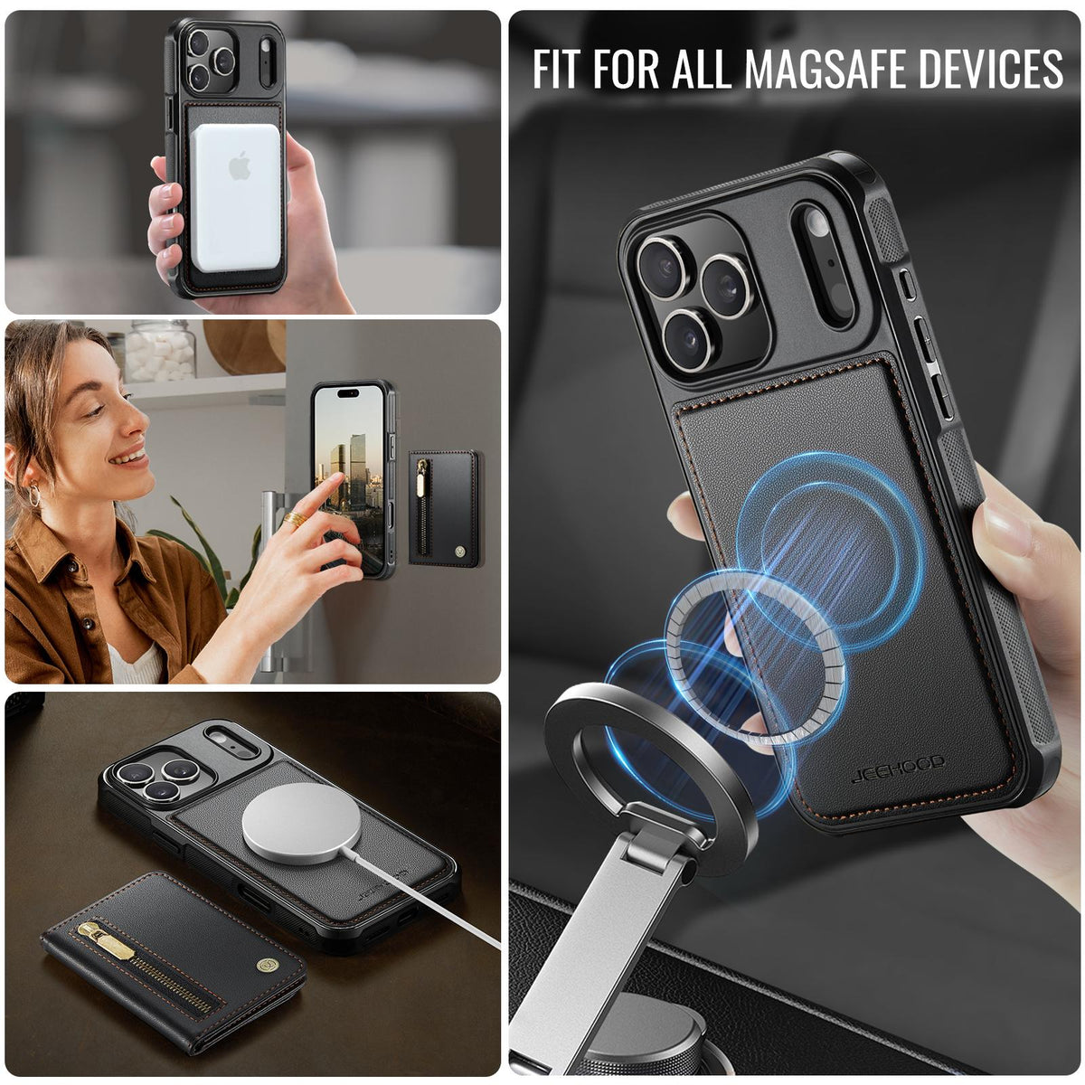 Compatible with iPhone 18 Pro Max JEEHOOD J12 Exquisite RFID MagSafe Zipper Card Bag Phone Case - Black
